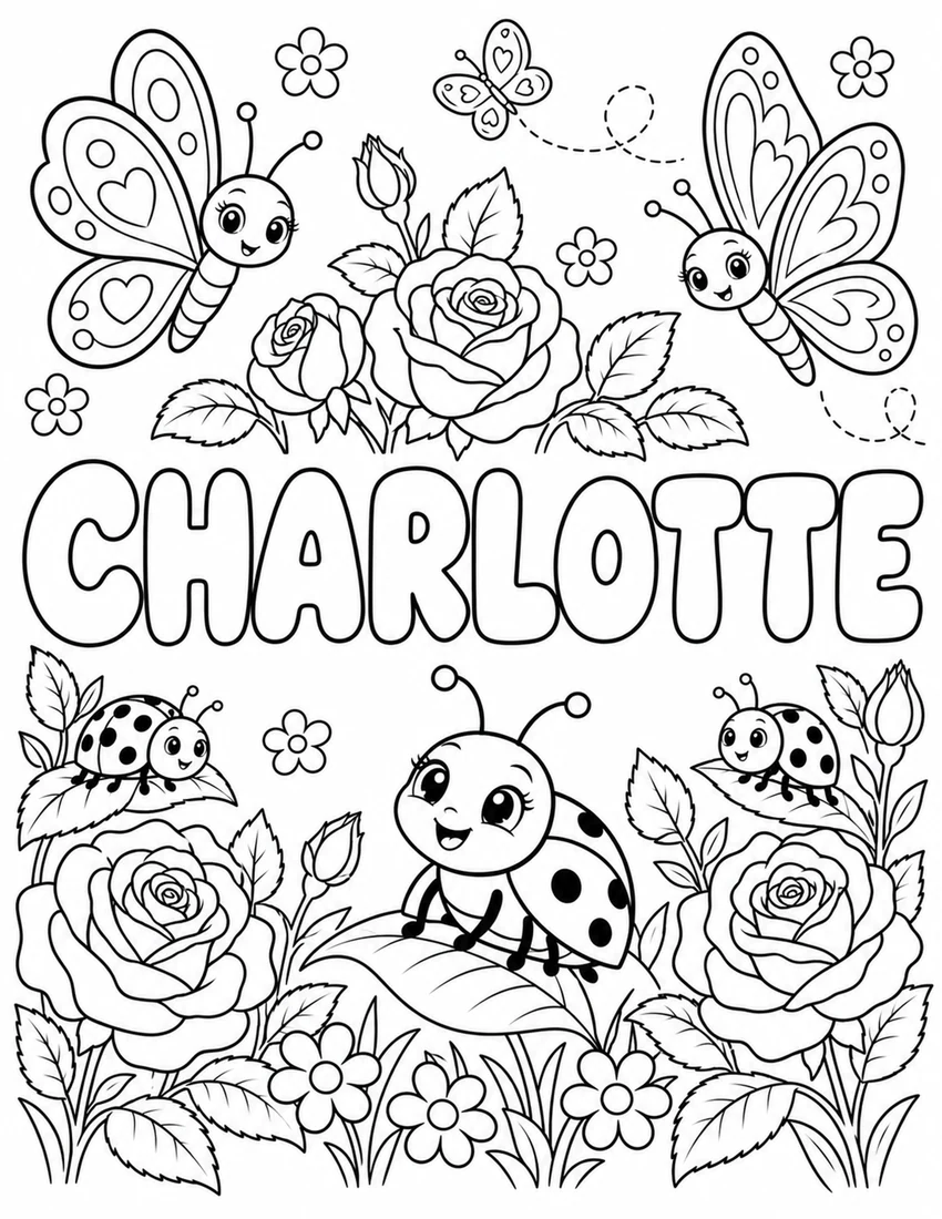 CHARLOTTE in hollow bubble letters with butterfly garden with roses and friendly ladybugs