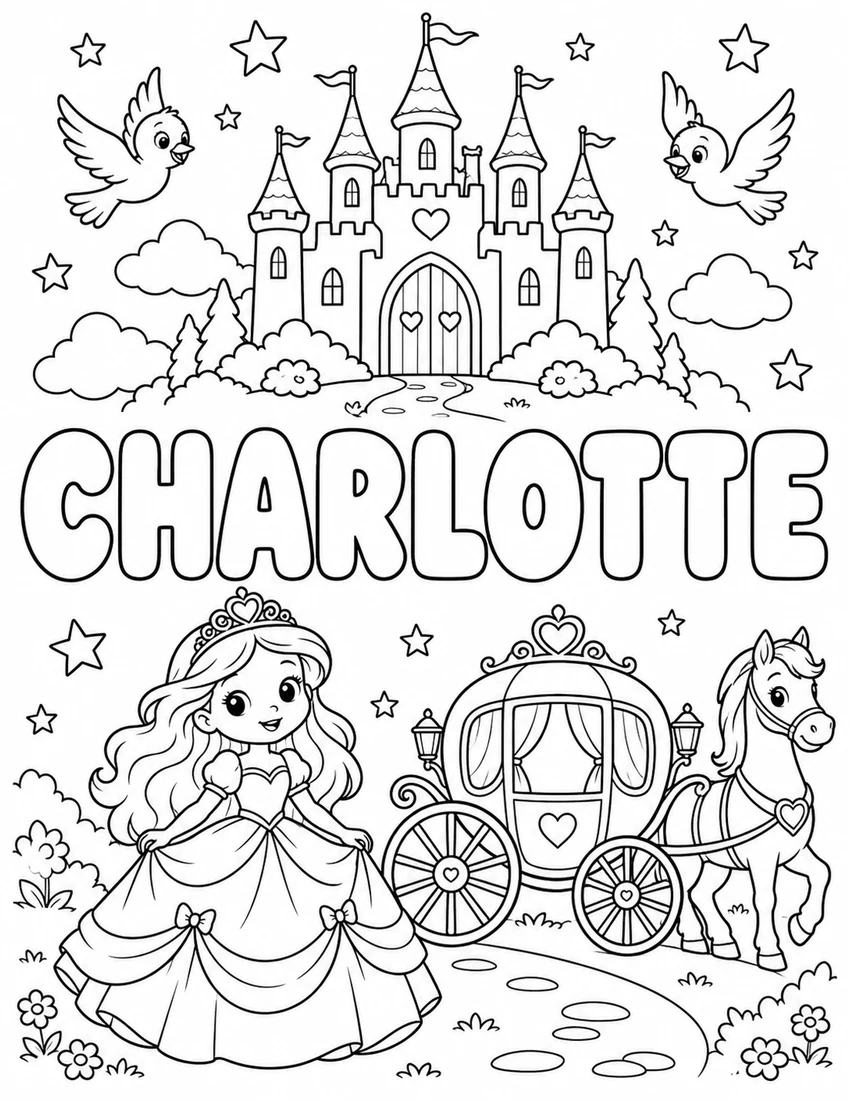 CHARLOTTE in hollow bubble letters with fairytale castle, carriage and decorative stars