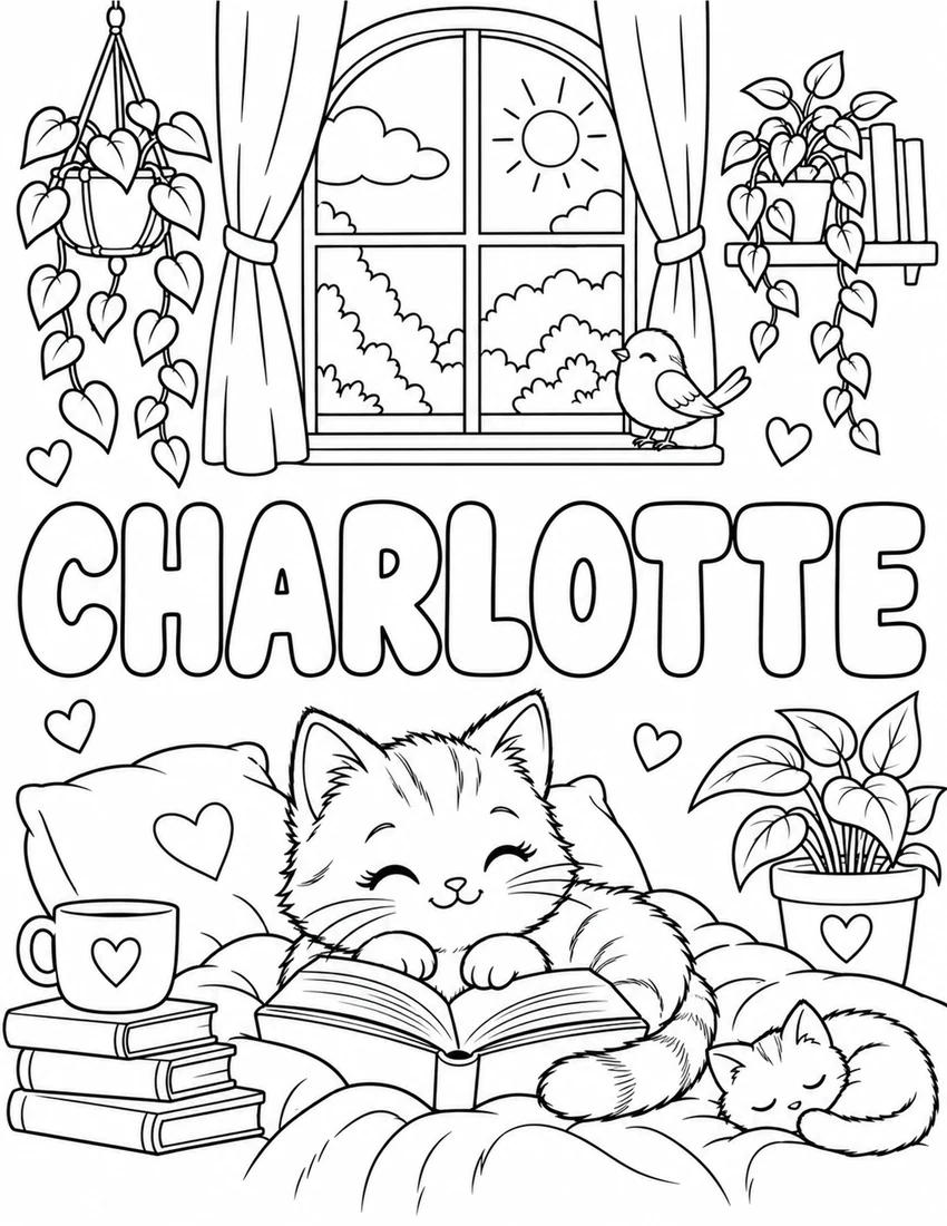 CHARLOTTE in hollow bubble letters with cozy kitten reading beside a window and houseplants