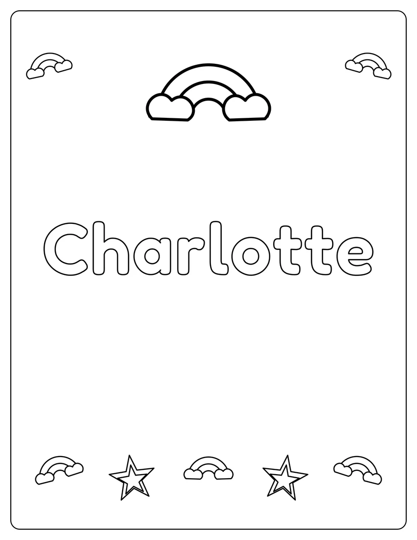 Charlotte name coloring page with rainbow bubble letters and open outlined letters