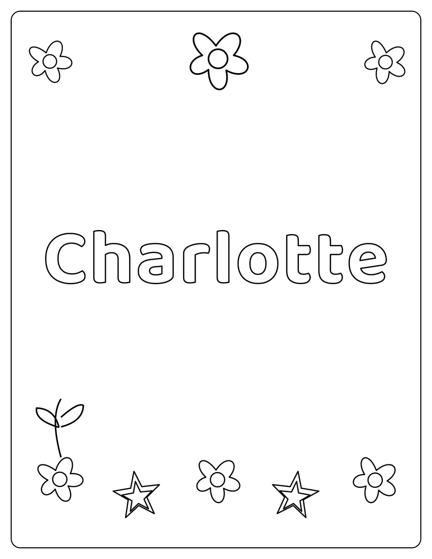Charlotte name coloring page with flower garden and open outlined letters