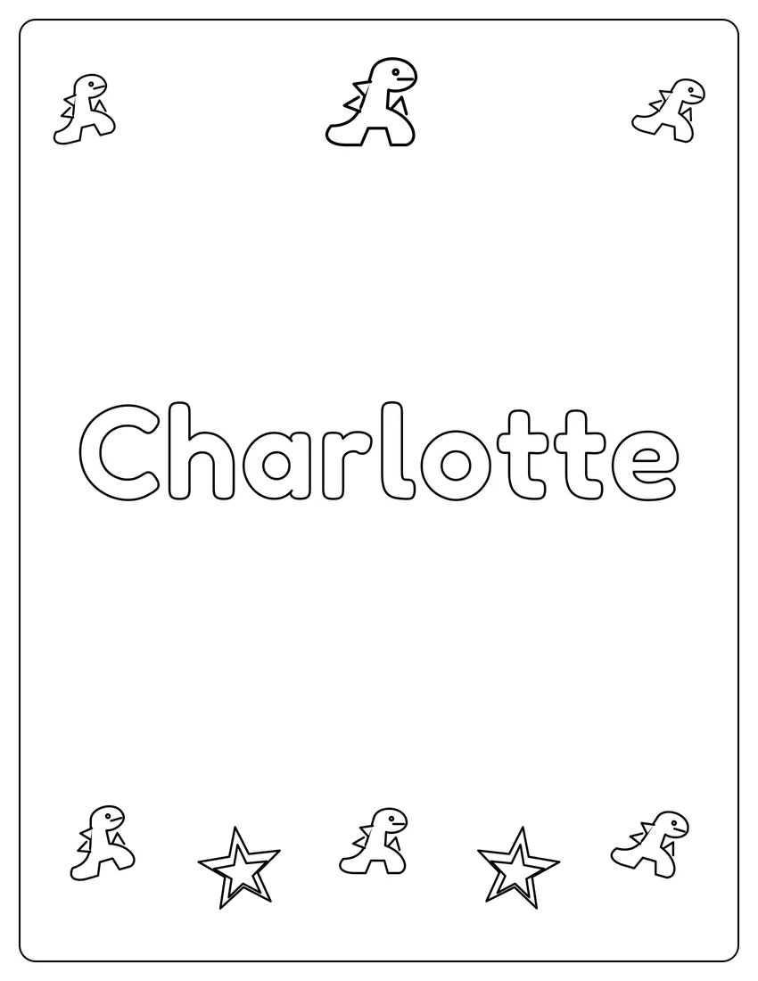 Charlotte name coloring page with dinosaur friends and open outlined letters