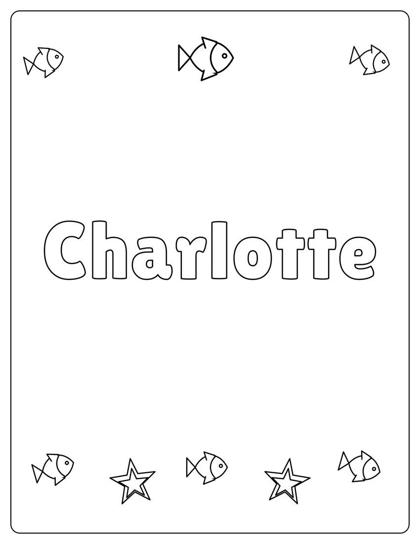 Charlotte name coloring page with under the sea and open outlined letters