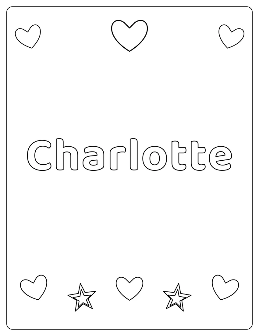 Charlotte name coloring page with hearts & love and open outlined letters