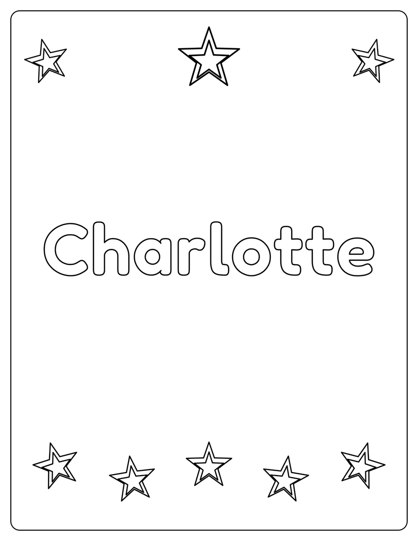 Charlotte name coloring page with superstar name and open outlined letters