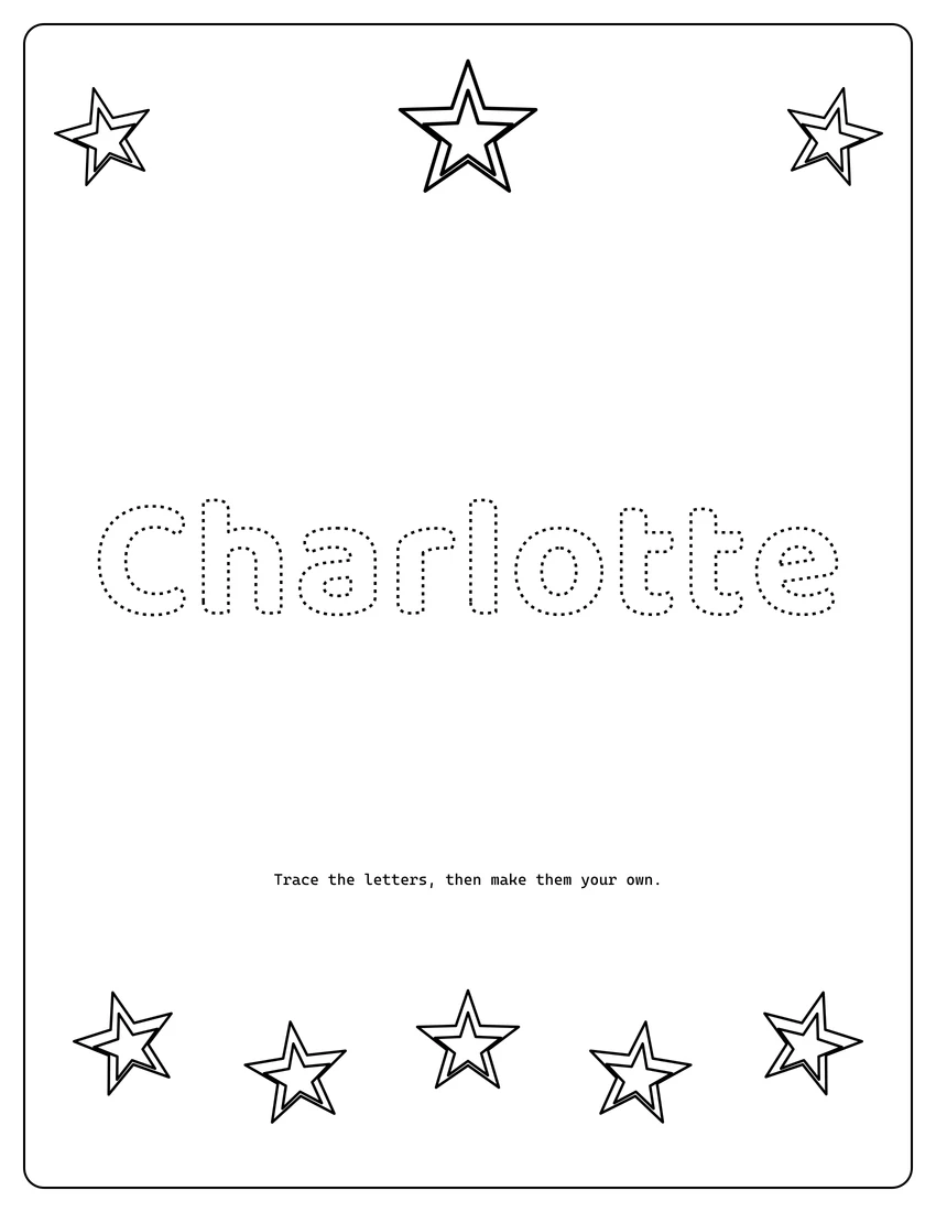Charlotte name coloring page with decorative name tracing and dashed letters