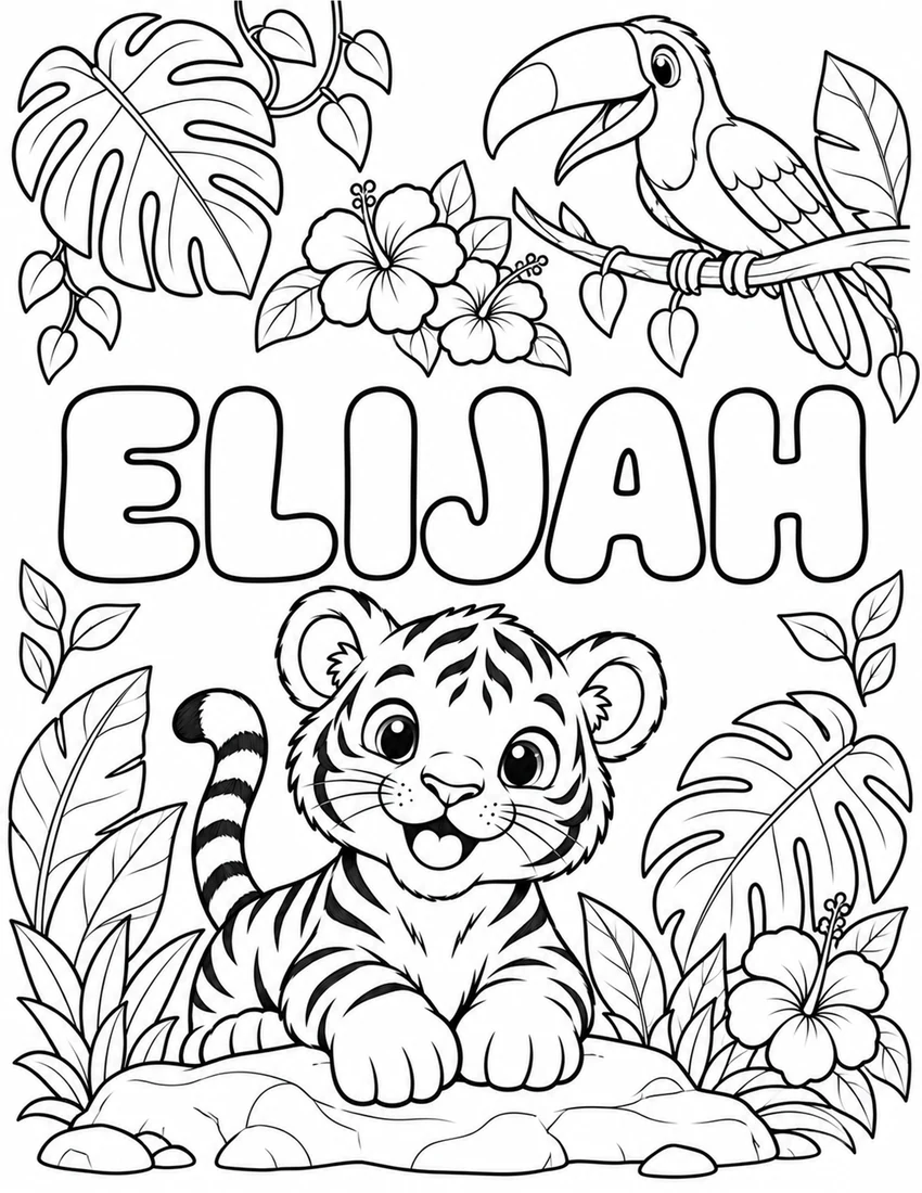 ELIJAH in hollow bubble letters with jungle tiger cub, toucan and oversized tropical leaves