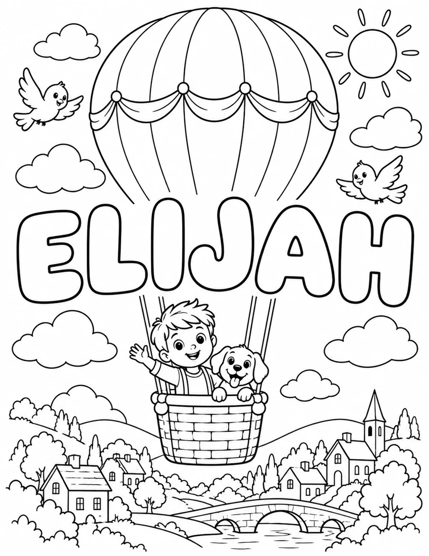 ELIJAH in hollow bubble letters with hot air balloon above a little village and clouds