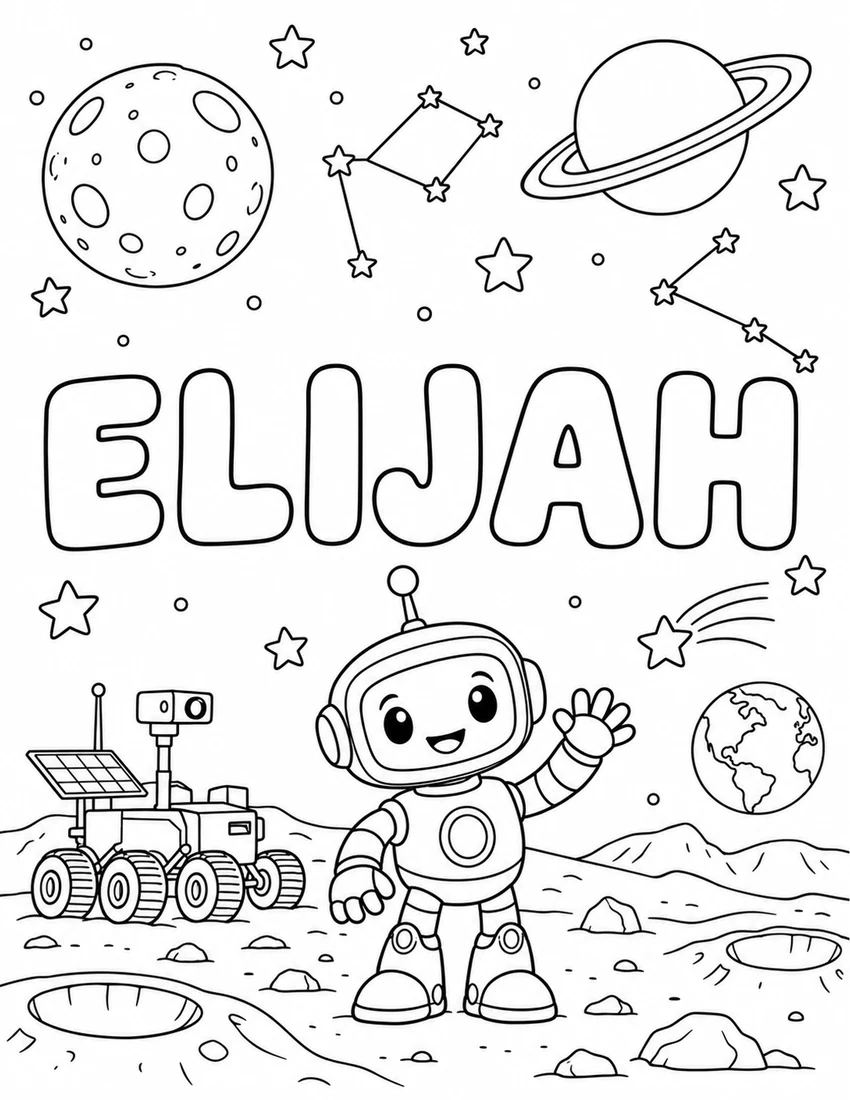 ELIJAH in hollow bubble letters with moon rover, robot and star constellations