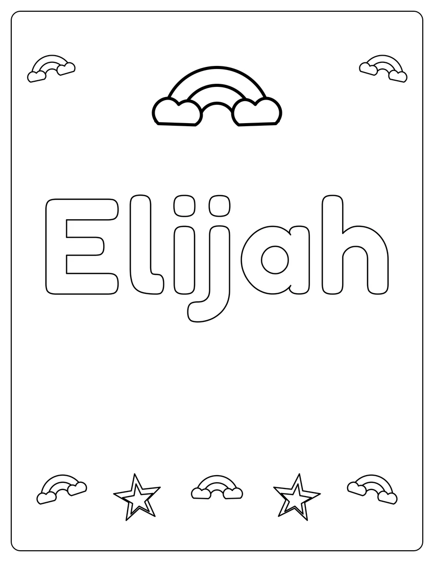 Elijah name coloring page with rainbow bubble letters and open outlined letters