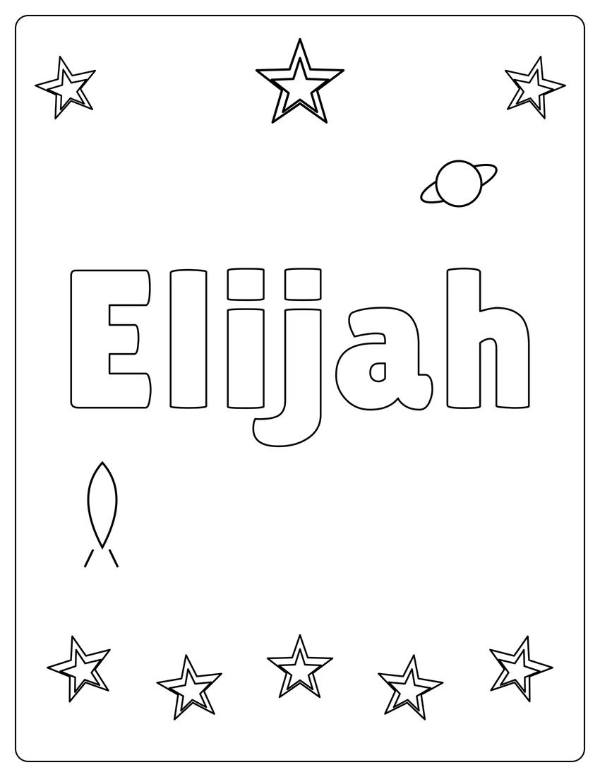 Elijah name coloring page with space & planets and open outlined letters