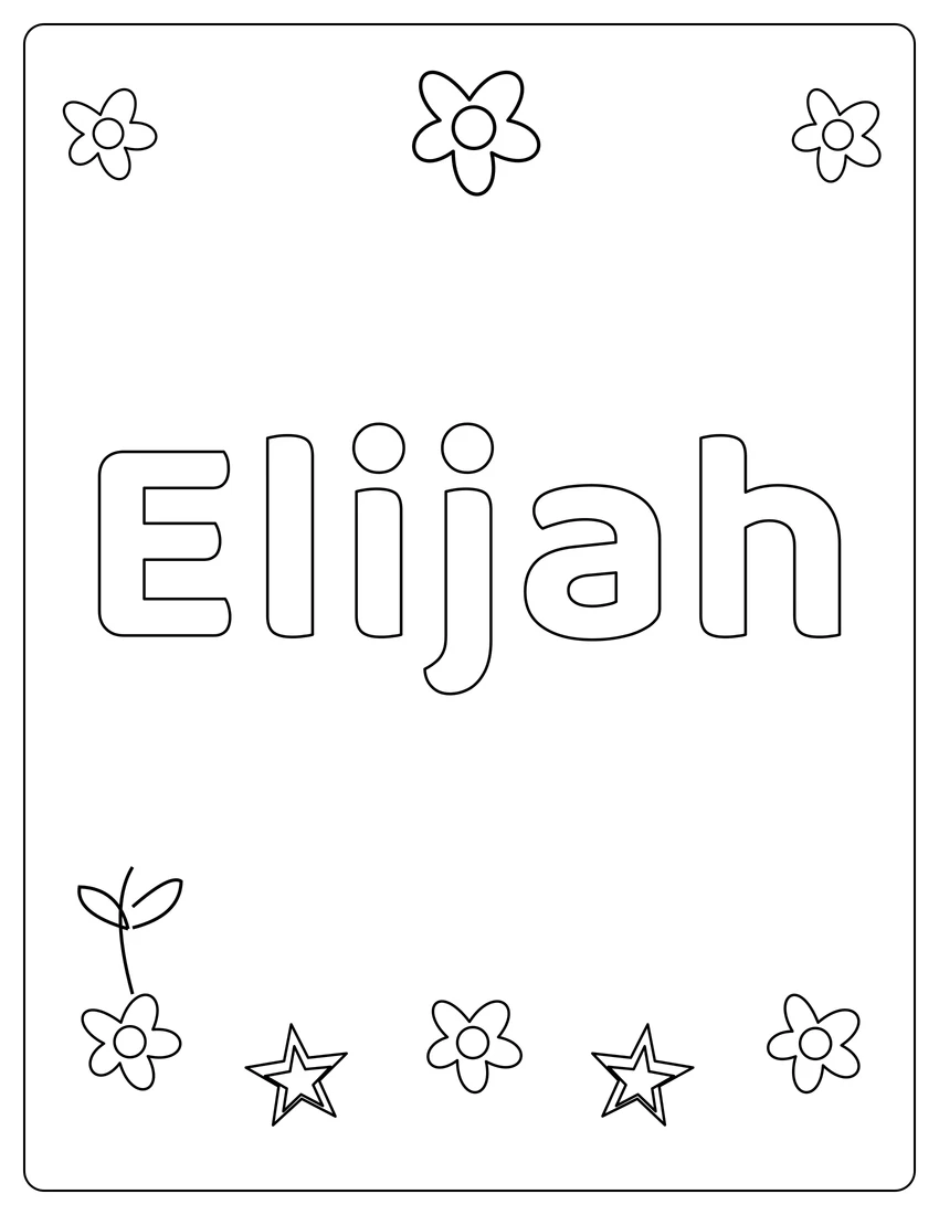 Elijah name coloring page with flower garden and open outlined letters