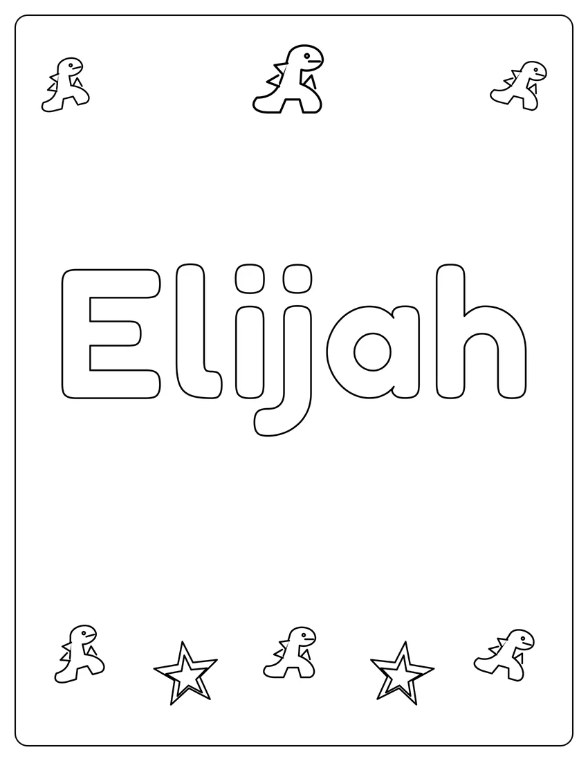Elijah name coloring page with dinosaur friends and open outlined letters