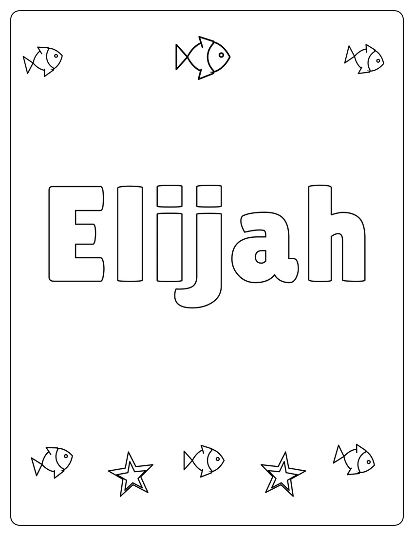 Elijah name coloring page with under the sea and open outlined letters