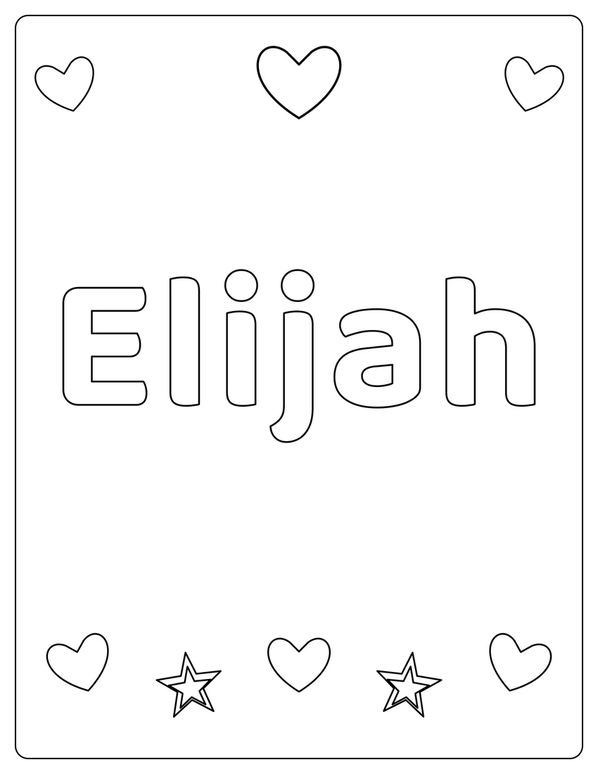 Elijah name coloring page with hearts & love and open outlined letters