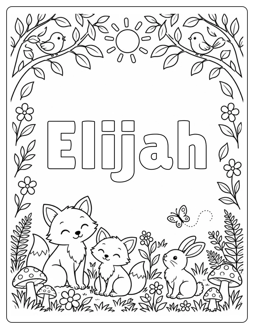Elijah name coloring page with woodland name and open outlined letters