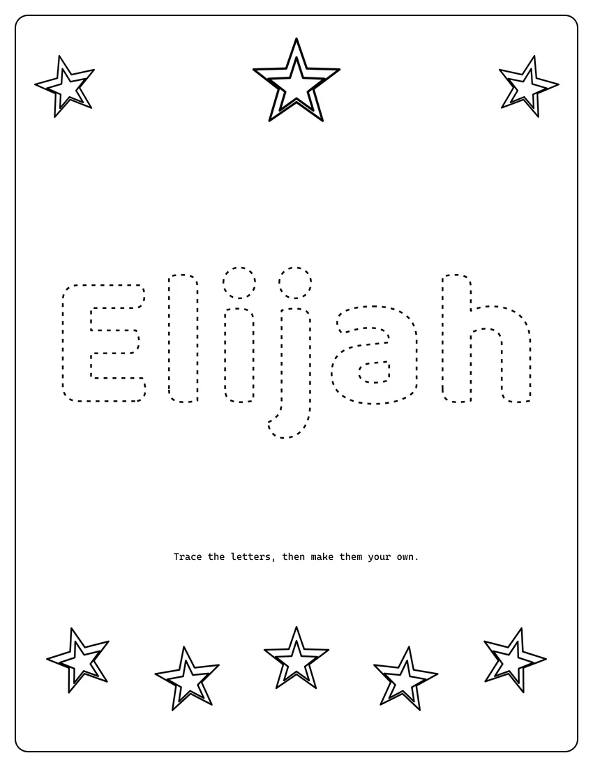 Elijah name coloring page with decorative name tracing and dashed letters