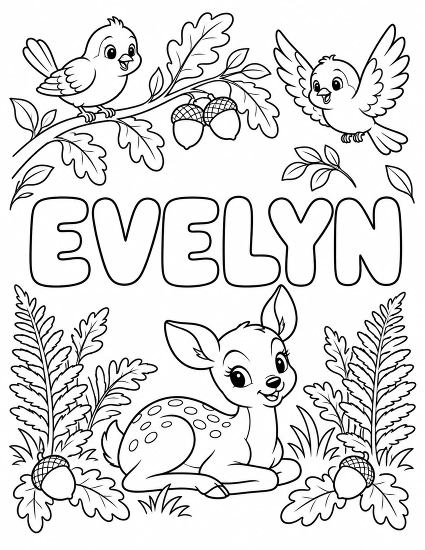 EVELYN in hollow bubble letters with fawn with forest birds, acorns and fern leaves