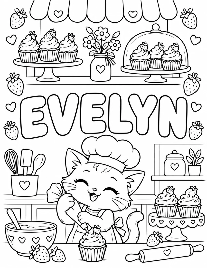 EVELYN in hollow bubble letters with bakery with cupcakes, a chef kitten and strawberries
