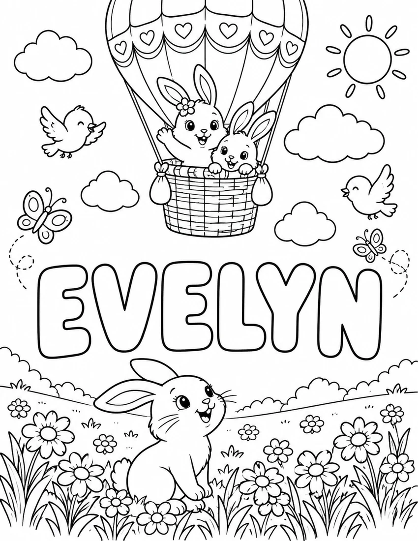 EVELYN in hollow bubble letters with hot air balloon carrying rabbits over a flower meadow