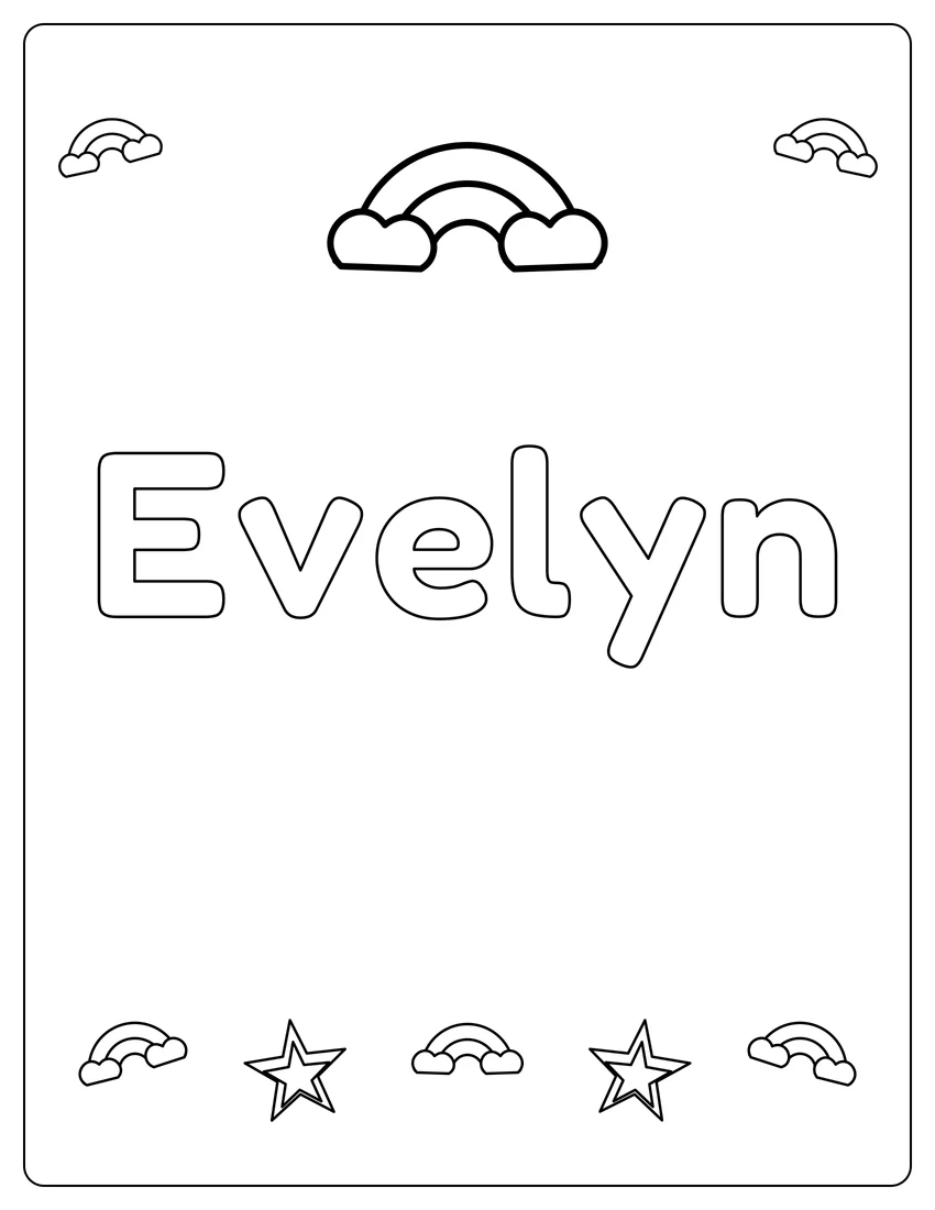 Evelyn name coloring page with rainbow bubble letters and open outlined letters