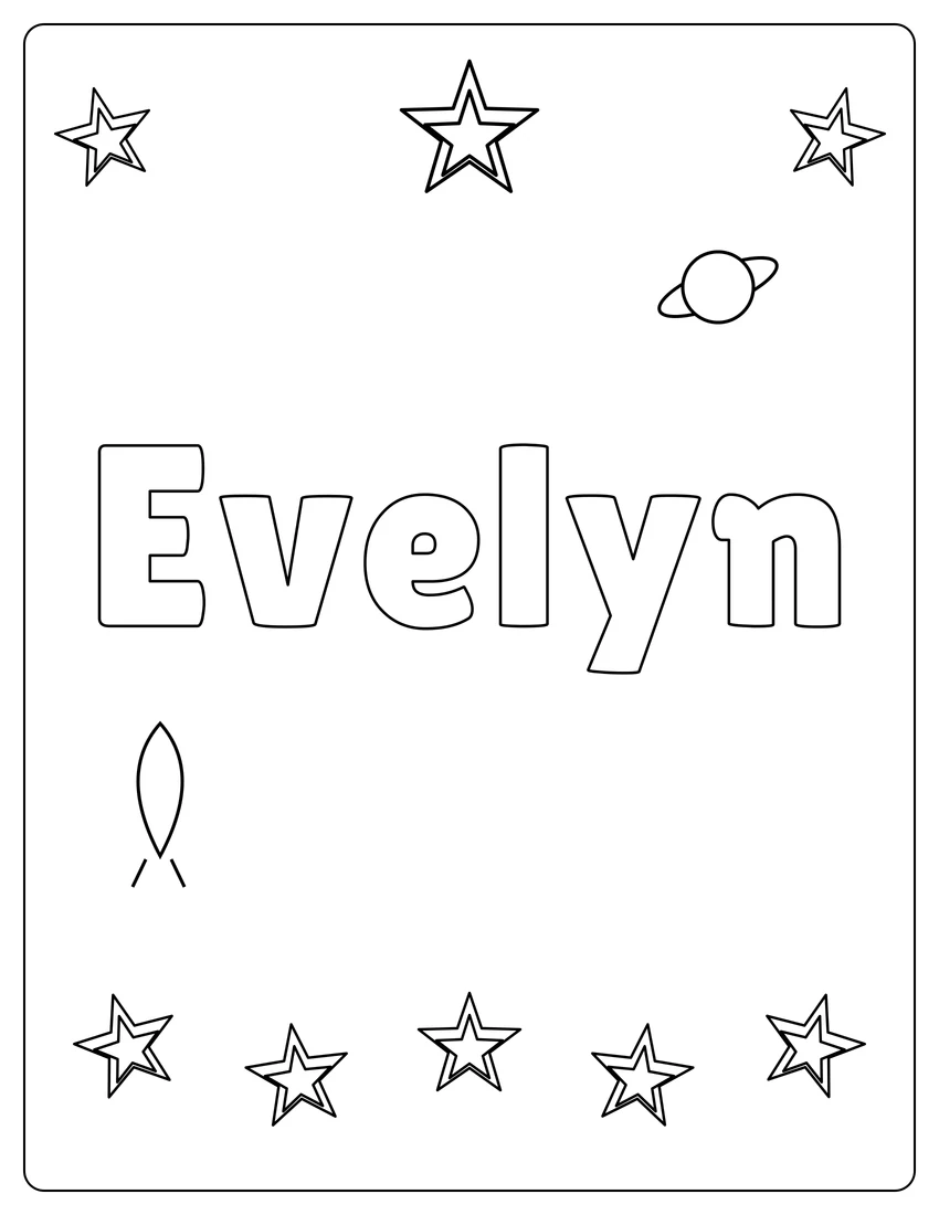 Evelyn name coloring page with space & planets and open outlined letters