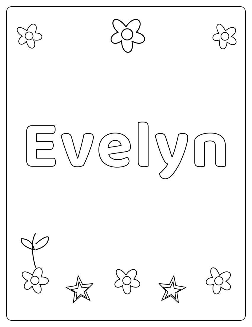 Evelyn name coloring page with flower garden and open outlined letters