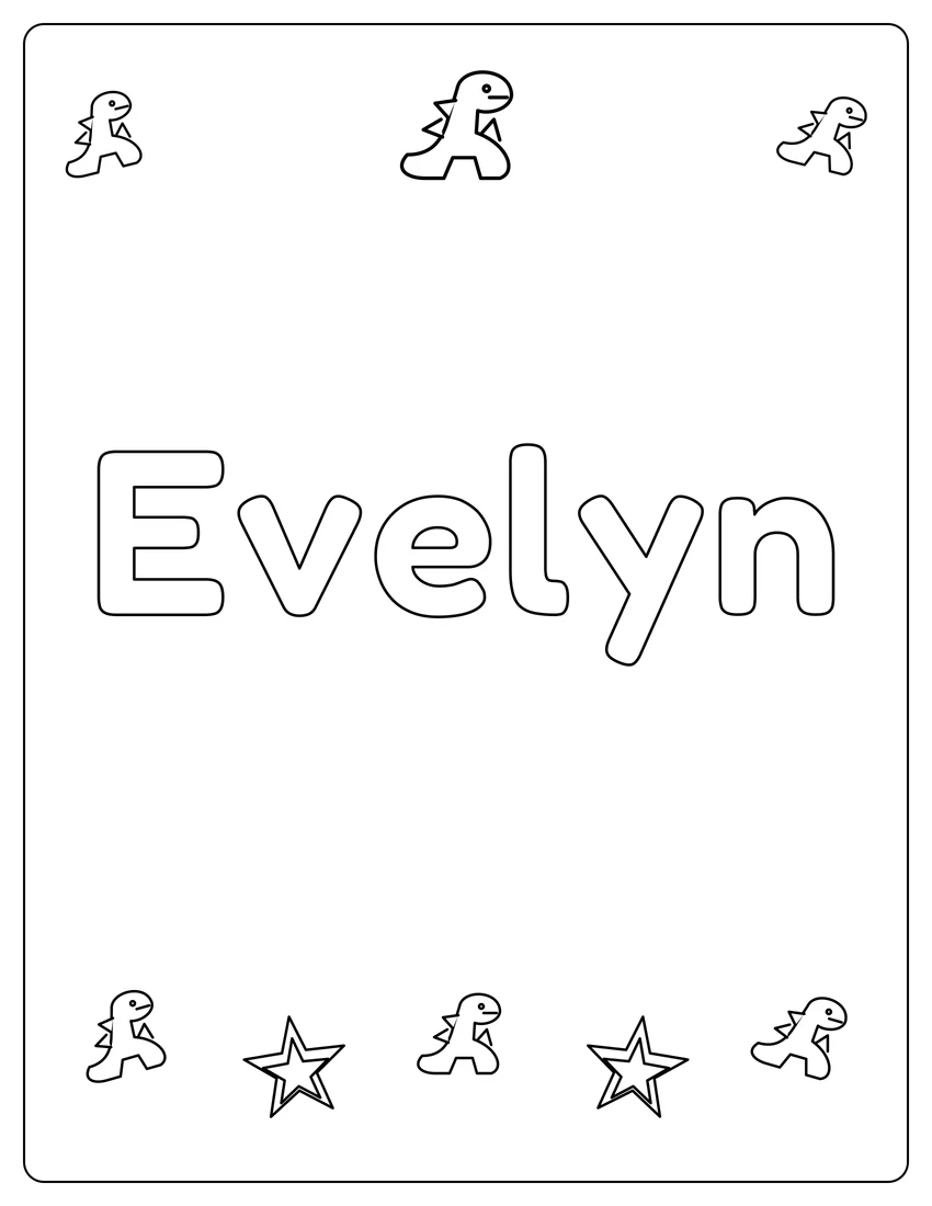 Evelyn name coloring page with dinosaur friends and open outlined letters