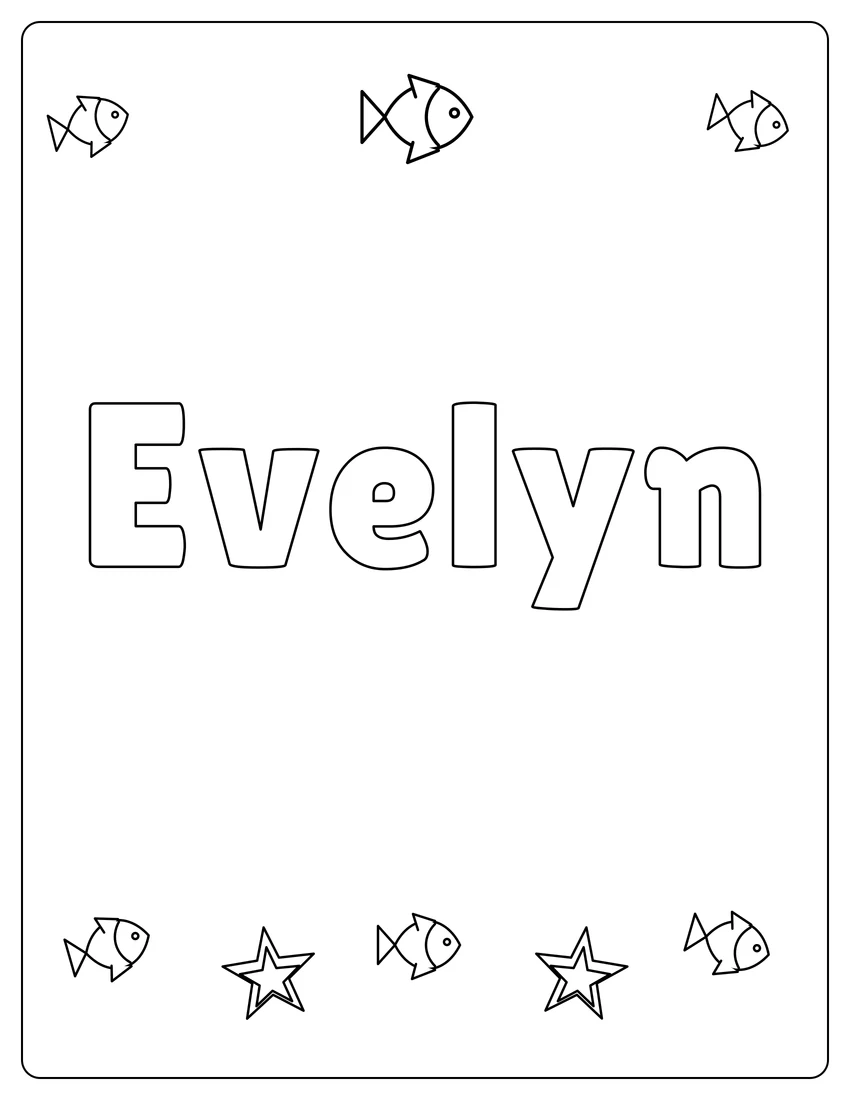 Evelyn name coloring page with under the sea and open outlined letters