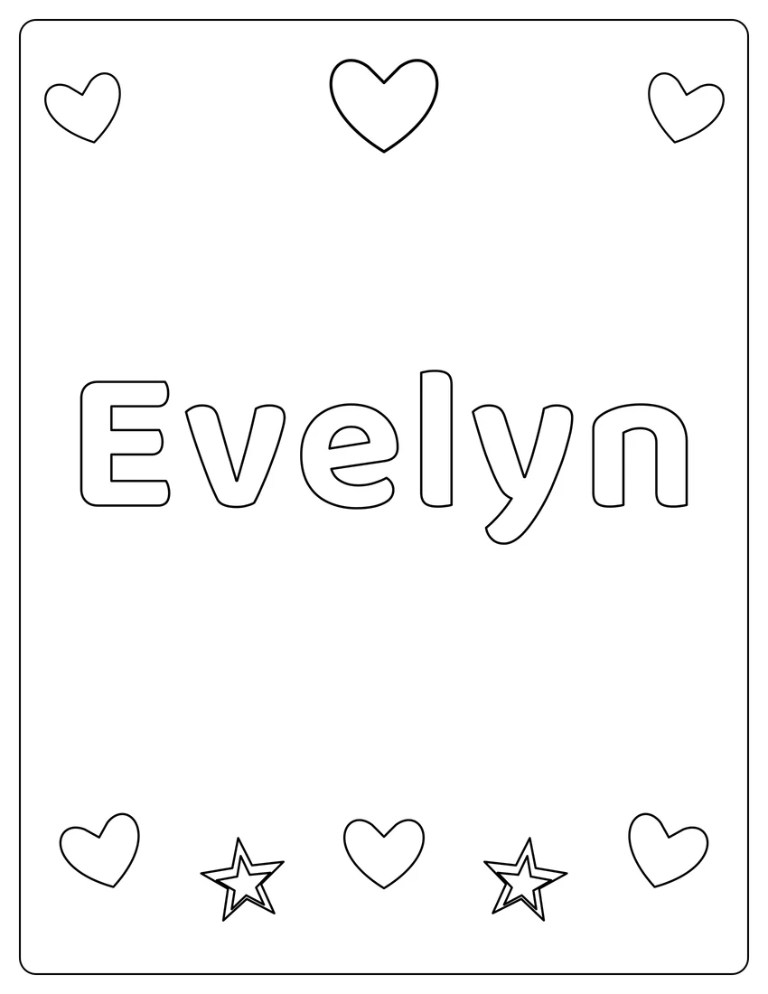 Evelyn name coloring page with hearts & love and open outlined letters