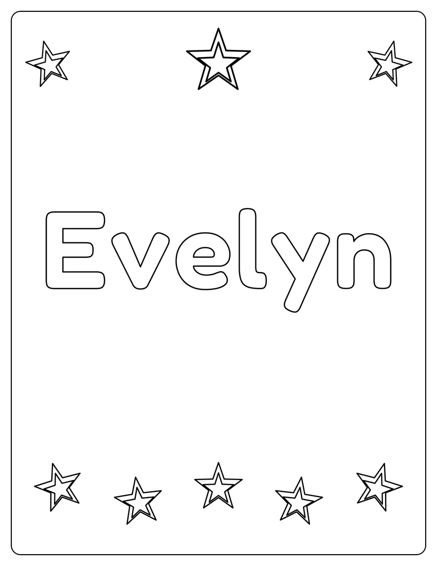 Evelyn name coloring page with superstar name and open outlined letters