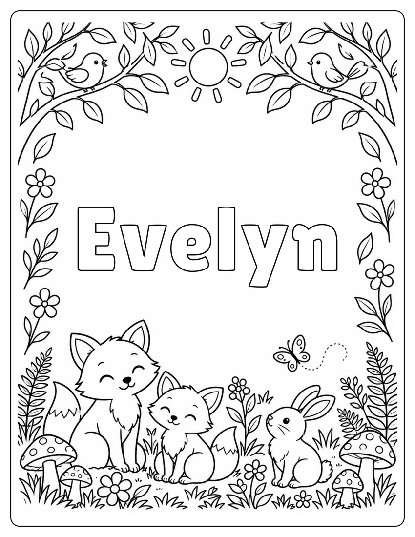 Evelyn name coloring page with woodland name and open outlined letters