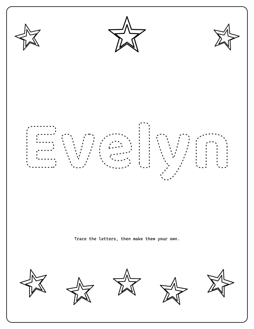 Evelyn name coloring page with decorative name tracing and dashed letters