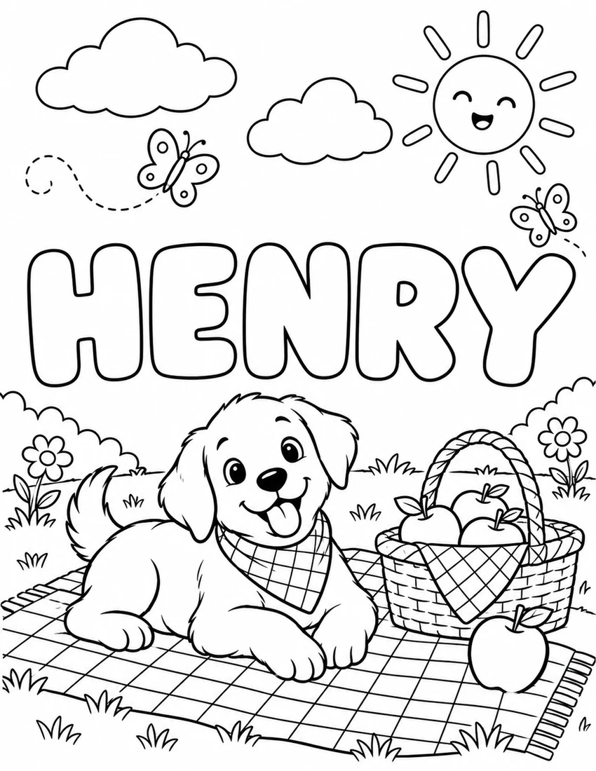 HENRY in hollow bubble letters with puppy picnic with a basket, apples and gingham blanket
