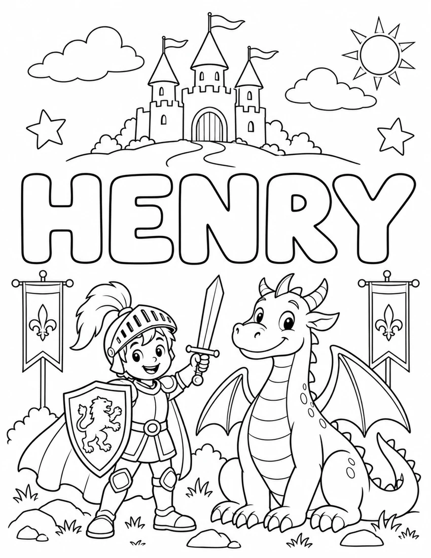 HENRY in hollow bubble letters with medieval knight, gentle dragon and shield