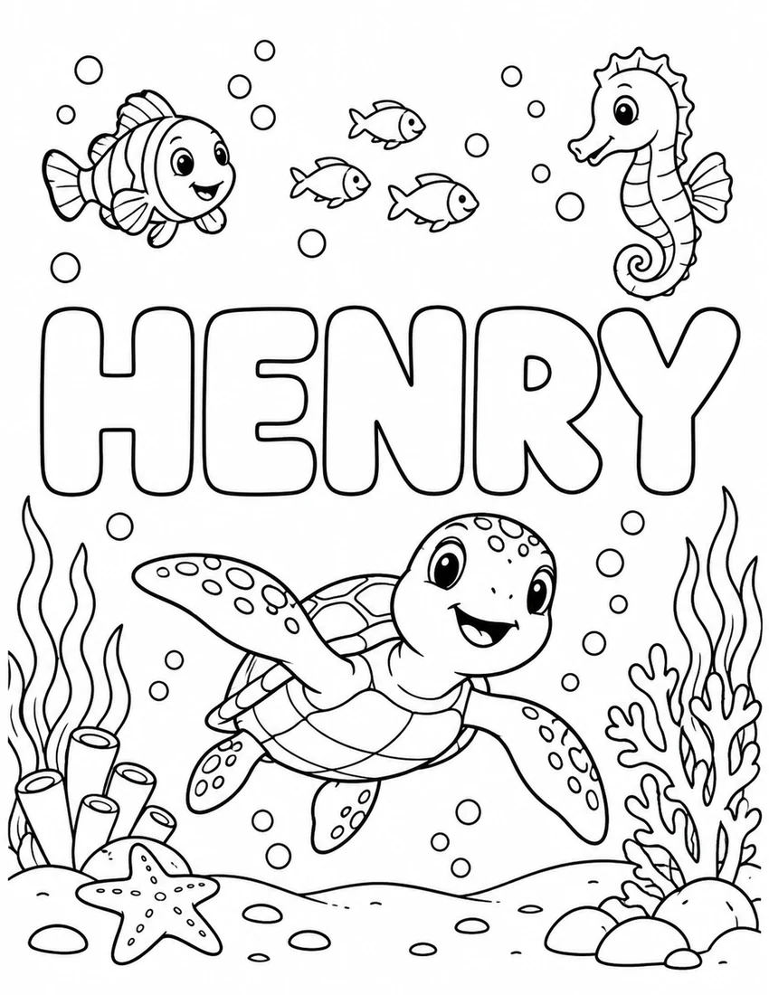 HENRY in hollow bubble letters with an underwater turtle, seahorse and coral reef
