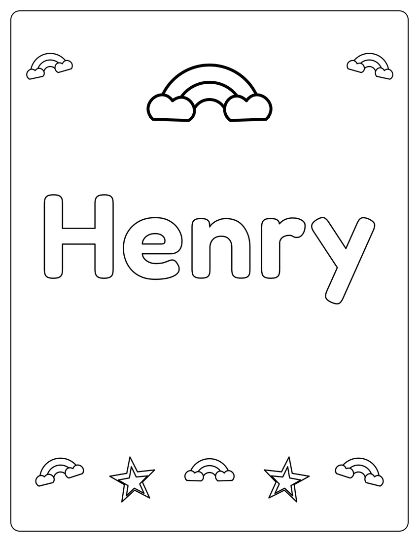 Henry name coloring page with rainbow bubble letters and open outlined letters