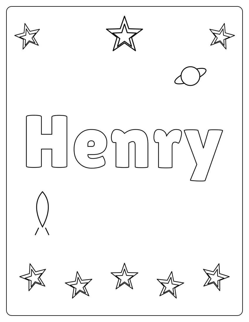 Henry name coloring page with space & planets and open outlined letters