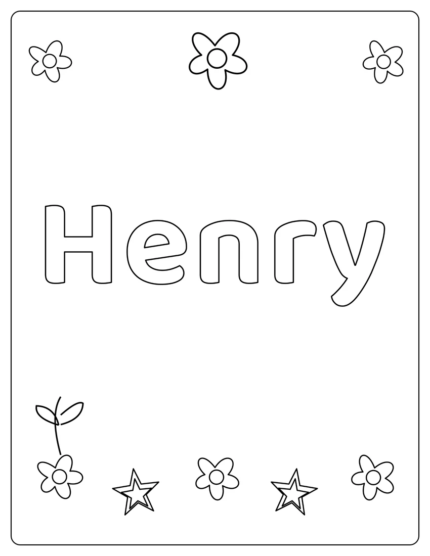 Henry name coloring page with flower garden and open outlined letters