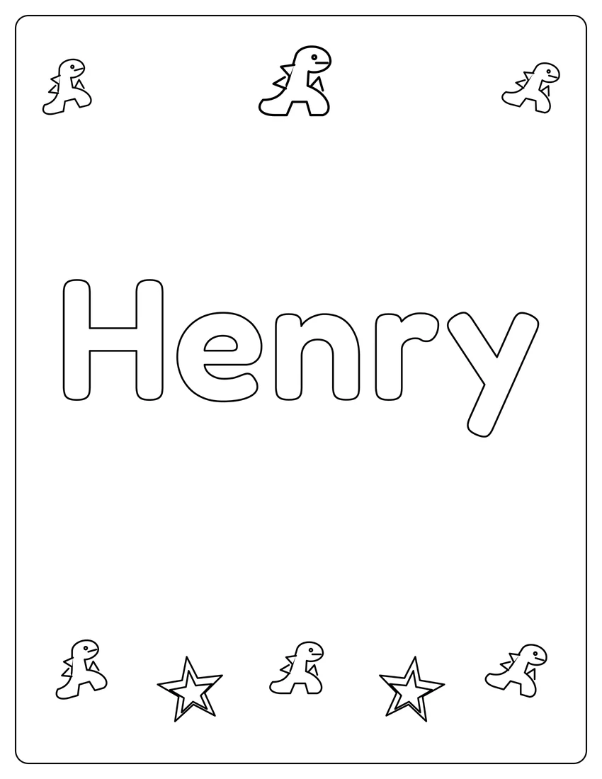 Henry name coloring page with dinosaur friends and open outlined letters