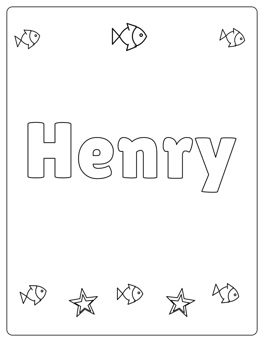 Henry name coloring page with under the sea and open outlined letters
