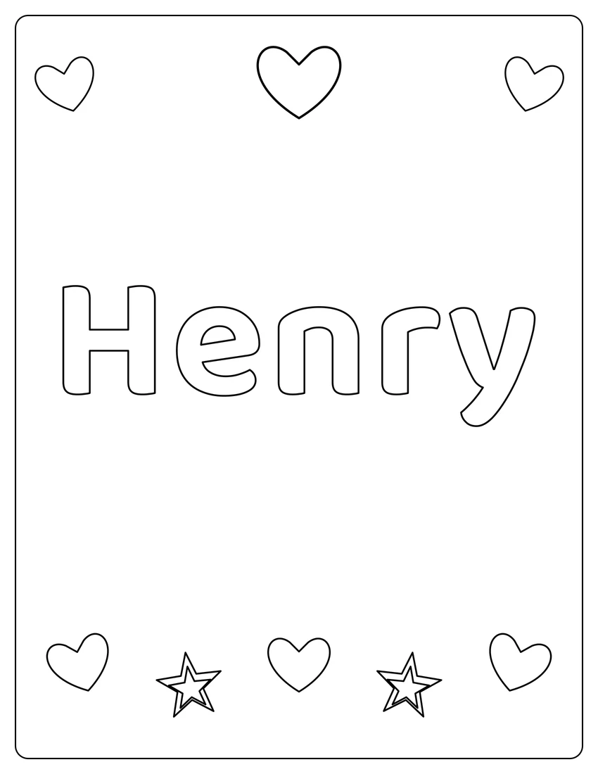 Henry name coloring page with hearts & love and open outlined letters