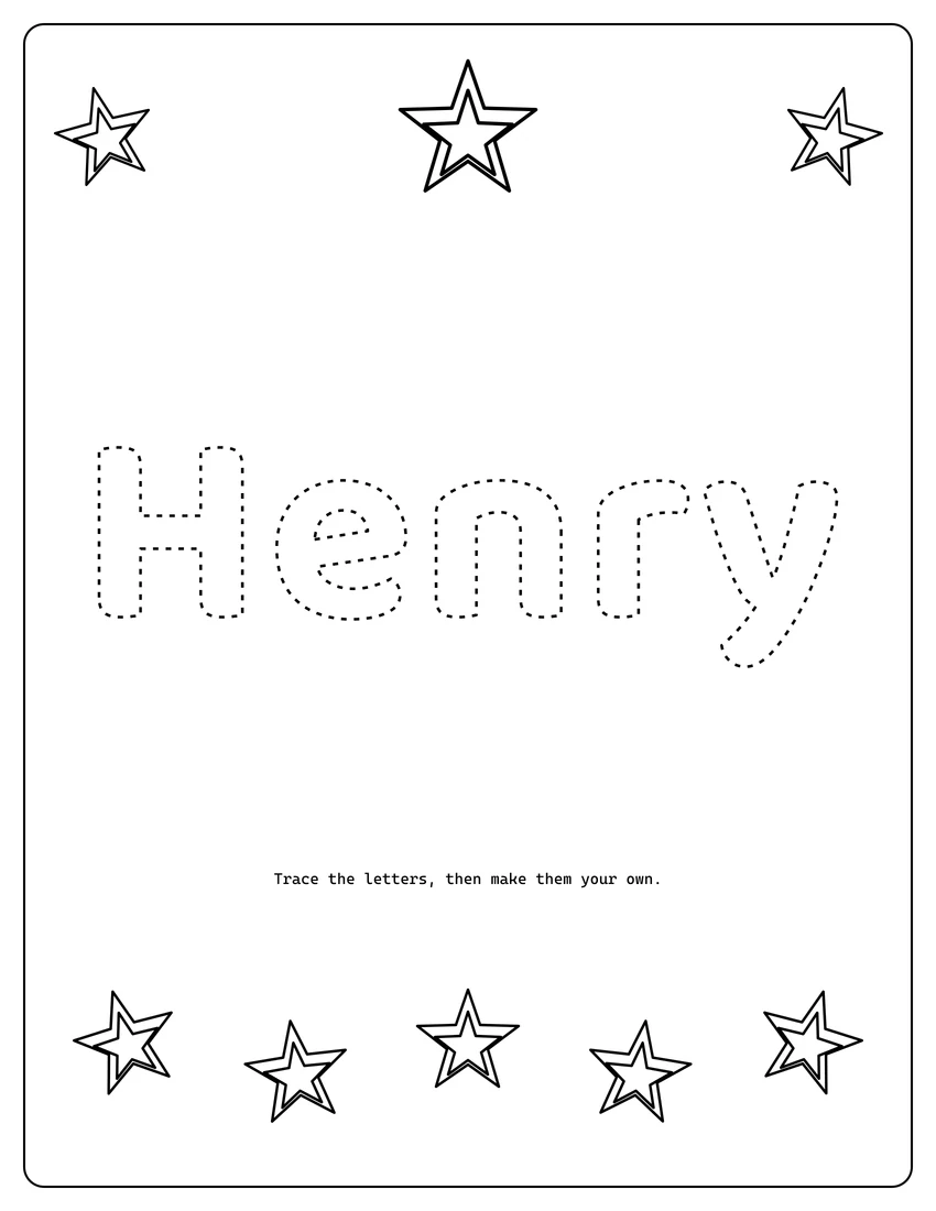 Henry name coloring page with decorative name tracing and dashed letters
