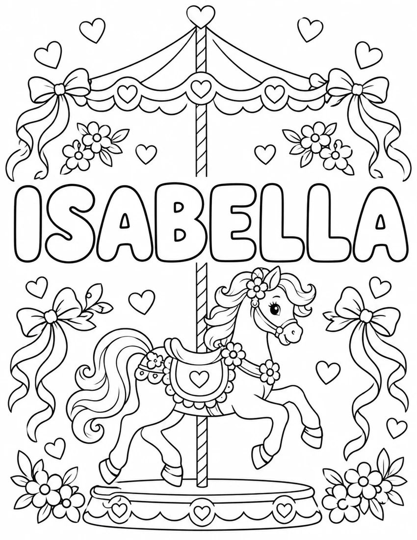 ISABELLA in hollow bubble letters with carousel horse with ribbons and flowers