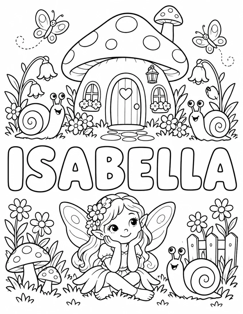 ISABELLA in hollow bubble letters with fairy cottage in a giant mushroom and friendly snails