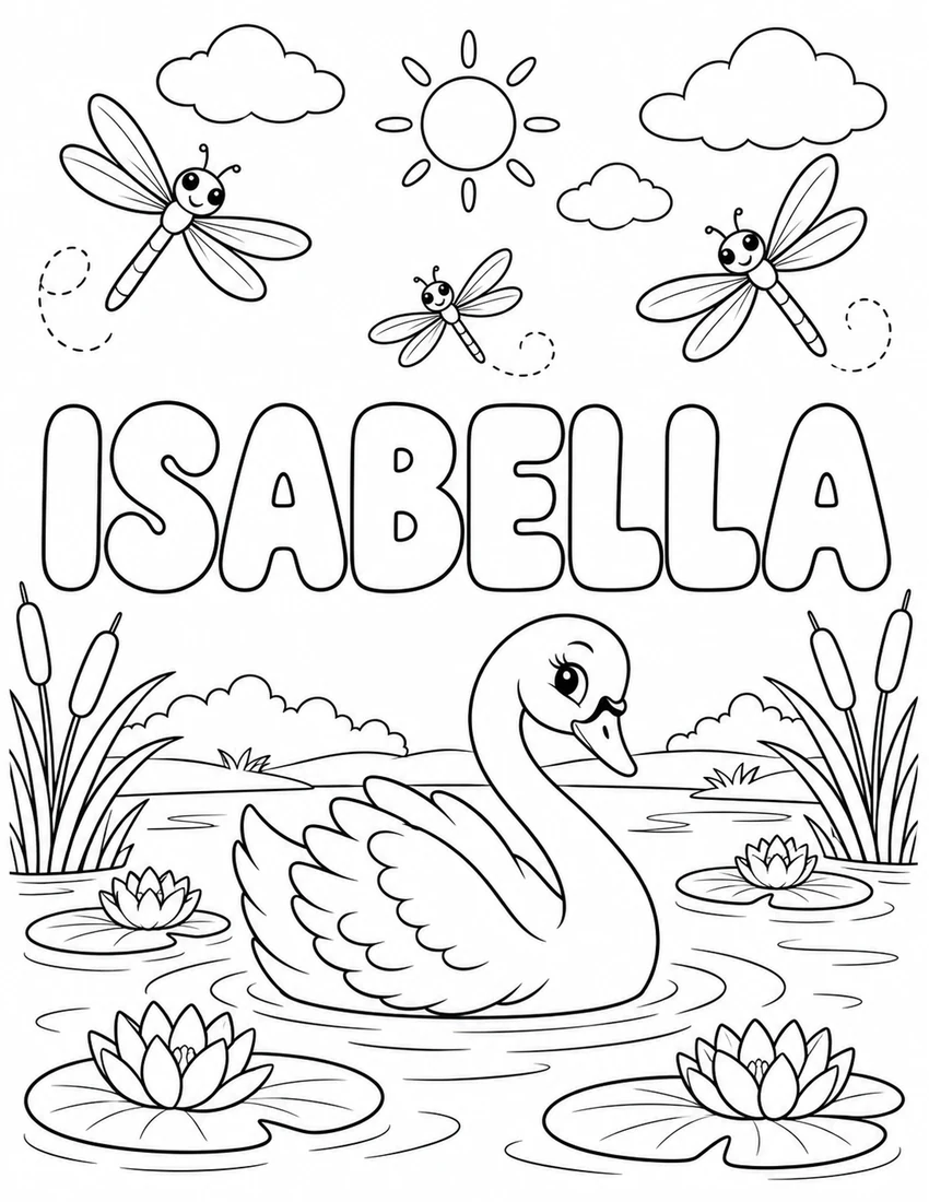 ISABELLA in hollow bubble letters with swan on a pond with water lilies and dragonflies