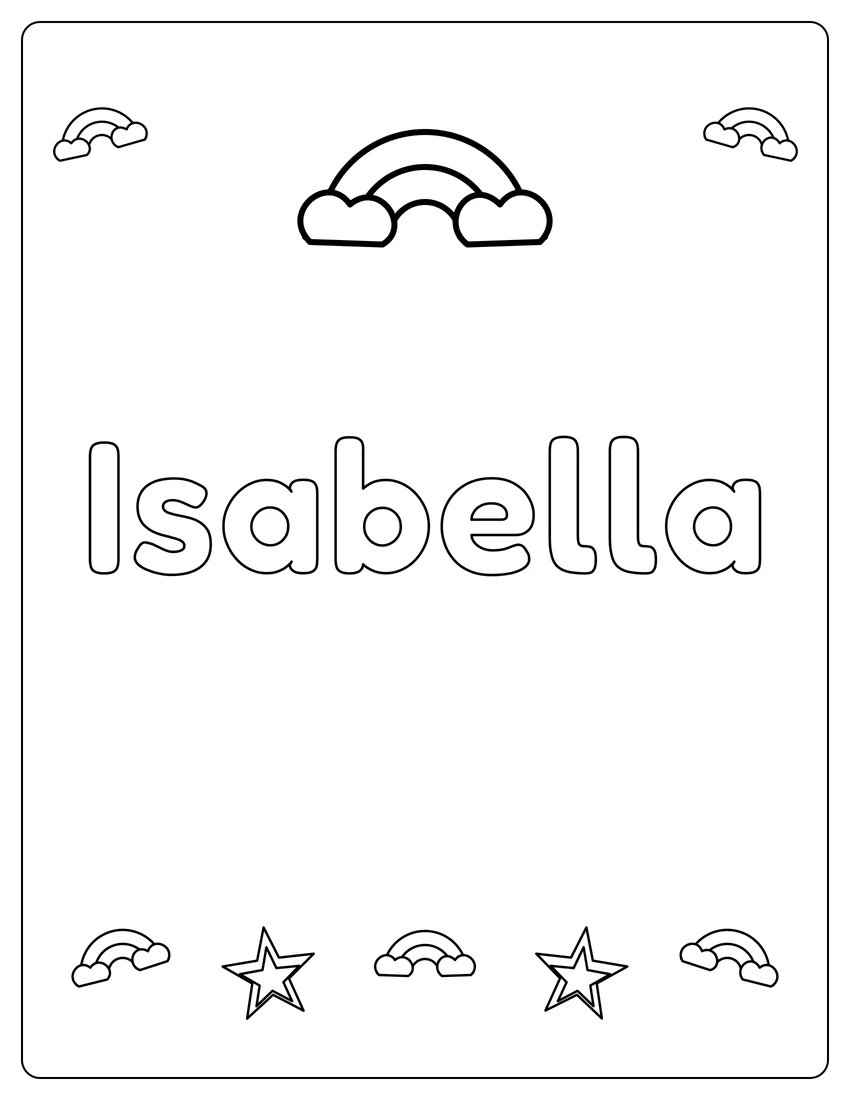 Isabella name coloring page with rainbow bubble letters and open outlined letters