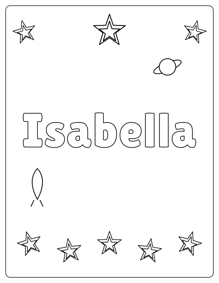 Isabella name coloring page with space & planets and open outlined letters