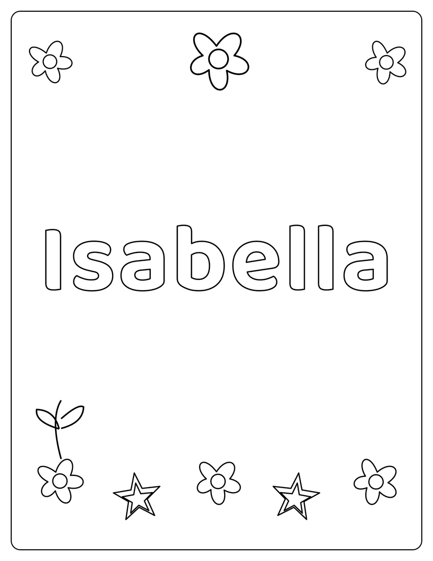 Isabella name coloring page with flower garden and open outlined letters