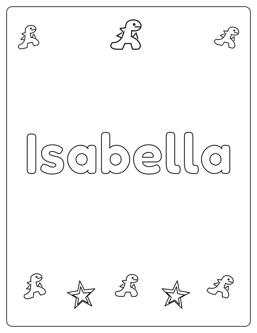 Isabella name coloring page with dinosaur friends and open outlined letters